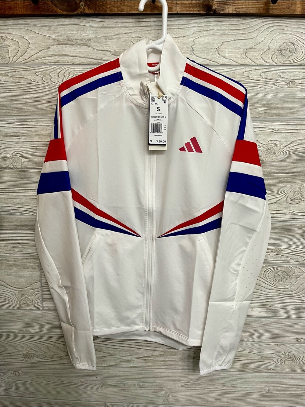 adidas White Windbreaker with Red & Blue Stripe Accents